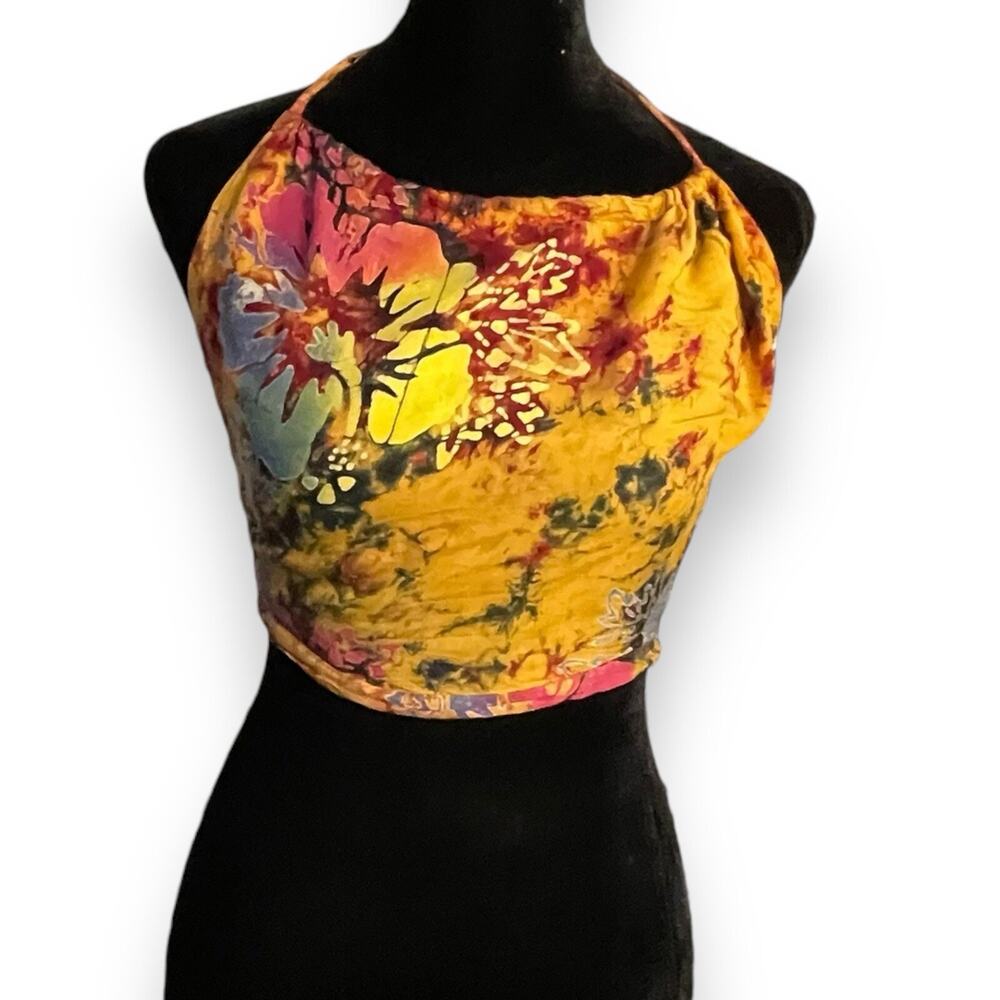 Rama Y2K Tie Dye Crop Top Womens L Multicolored Floral Hippie Boho Beach Strappy